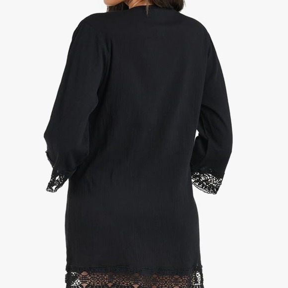 La Blanca Black Crochet Lace Trim V Neck Beach Cover Up Tunic Dress XL - Picture 3 of 11